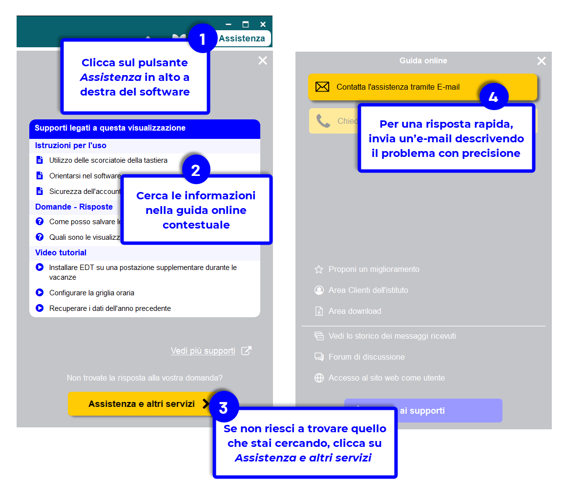 Je clique sur le bouton en haut à droite du logiciel.Je cherche les infos dans la base de connaissances. Si je ne trouve pas, je clique sur le bouton Assistance et services. Pour avoir ma réponse plus rapidement, je fais ma demande par e-mail et je suis très précis dans la description de mon problème.